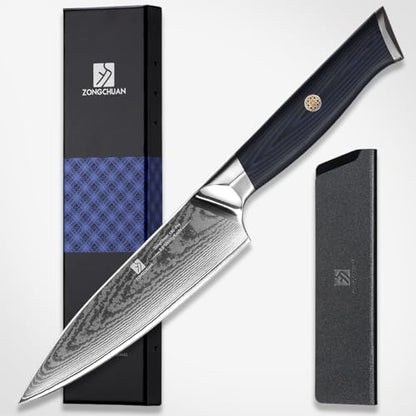 Utility Knife,5.5inch Damascus knife,67-Layer High Carbon Stainless Steel Kitchen Knife,Professiona Sharp Cutting Knives with Ergonomic Blue G10 Handle,Gift Box for Home and Kitchen Birthday Gift - style: 13C pro Utility Knife(Blue Black)