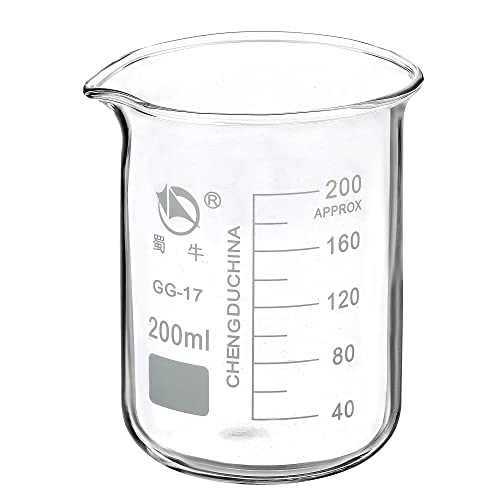 PATIKIL 200ml Low Form Glass Beaker, 3.3 Borosilicate Glass Graduated Printed Scale Measuring Cups with Spout for Kitchen Lab Liquids Transit Boiling - size: 200ml