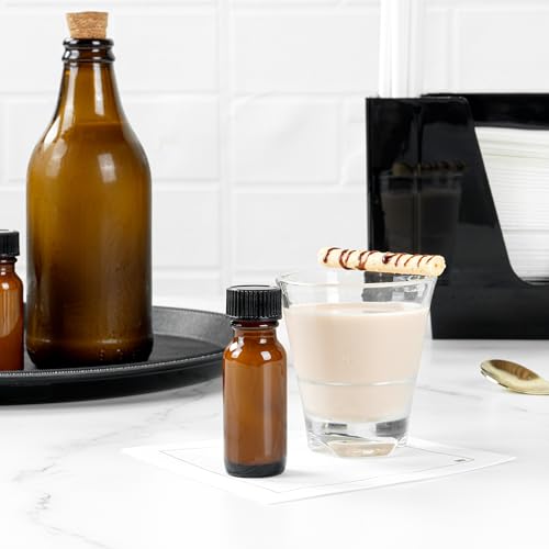 Restaurantware Vetri 0.5 Ounce Boston Glass Bottles, 48 Sample Bottles With Black Phenolic Caps - Dishwashable, Round, Amber Glass Bottle, For Potion, Juice, Ginger Shots, Whiskey, Liquids - color: Amber, size: 0.5 oz