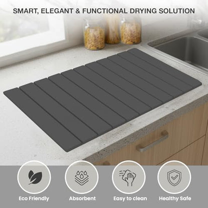 Large Stone Drying Mat for Kitchen Counter | 24"x16" | Fast Drying Collapsible Diatomaceous-Earth Mat | Super Absorbent Folding Mat for Dishes, Bottles, Glass, Heat-Resistant, Non-Slip (Dark Gray) - color: Dark Gray