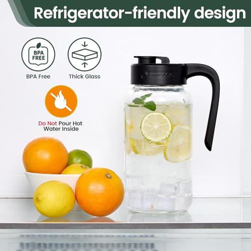 Mason Jar Pitcher - Airtight & Leakproof Glass Pitcher with Lid, Perfect for Breastmilk, Cold Brew, and Sun Tea, 2 Quart (64 oz) Mason Jar with Pour Spout Lid - color: Black