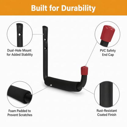 6 Pack Garage Hooks Heavy Duty, Utility Steel Hooks with EVA Foam Padding, 4.64inch Wall Mount J Organizer Hanger for Hanging Bikes Kayak Garden Tool Hose Bike Shelf - size: 4.64inch