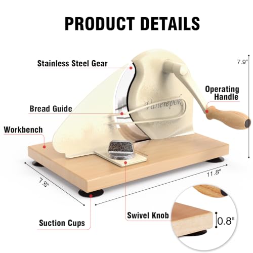 vanerepok Manual Bread Slicer Adjustable Thickness for Homemade Sourdough | Hand Crank Bread Cutter with Scale & Stable Suction Cups & Wood Base for Even Slicing Perfect Baking Gift for Home Bakers - color: Deep Cream