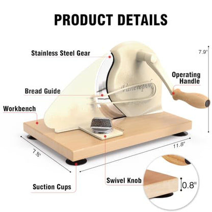 vanerepok Manual Bread Slicer Adjustable Thickness for Homemade Sourdough | Hand Crank Bread Cutter with Scale & Stable Suction Cups & Wood Base for Even Slicing Perfect Baking Gift for Home Bakers - color: Deep Cream