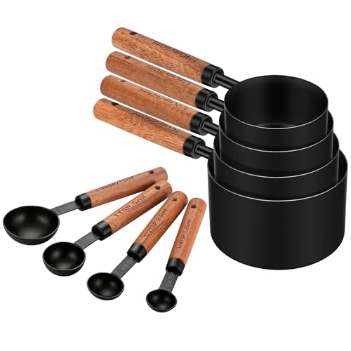 Wooden Handle Measuring Cups & Spoons Set 8-Piece – Stainless Steel, Stackable, Rustic Farmhouse Kitchen Gadgets, Non-Toxic, Dishwasher Safe, Gift for Bakers & New Homeowners - size: Black-wood handle