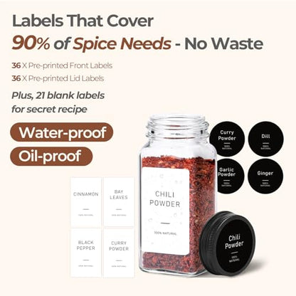 ComSaf Glass Spice Jars with with Labels 4 oz 24 Pack Small Square Bulk Set | Empty Containers, Seasoning Herb Powder, Salt Pepper Chili, Spice Rack Organization, Kitchen Cabinet Storage, Funnel Included - color: Metal Black Lids
