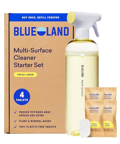 BLUELAND Multi-surface Cleaner, Starter Set, Fresh Lemon Scent, Spray Bottle with 4 Refill Tablets, All-Purpose, Eco-Friendly Cleaning Supplies, 4 x 24 Fl oz - style: Starter Set