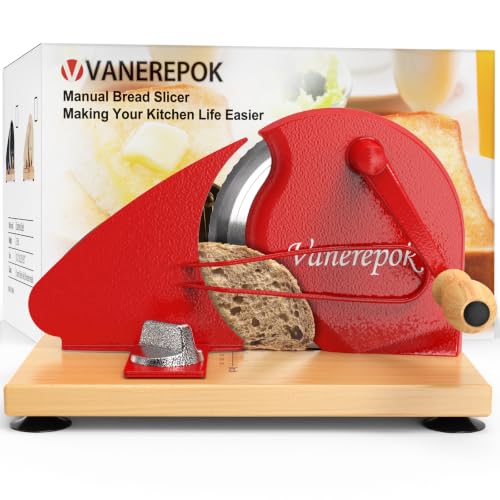 vanerepok Manual Bread Slicer Adjustable Thickness for Homemade Sourdough | Hand Crank Bread Cutter with Scale & Stable Suction Cups & Wood Base for Even Slicing Perfect Baking Gift for Home Bakers - color: Deep Red