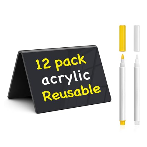 PigPotParty Acrylic Mini Chalkboard Signs for Food, 12 Pcs 4"x3" Small Food Labels for Party Buffet, Glossy Black Table Place Cards for Wedding, Elegant Event Decorations, w/ 2 Wet Erase Markers - style: Acrylic V-12 (Outdoor)