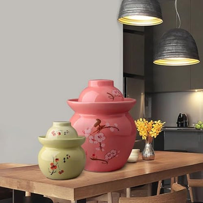 Traditional Chinese Hand Painted Porcelain Fermentation Crock With Water Seal Lid, Ceramic Pickling Jar, 1 Pcs(Pink,1.5kg) - color: Pink, size: 1.5kg