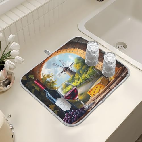 Red Wine Glasses with Grape Cheese Farm Dish Drying Mats for Kitchen Counter, 18x24 inch Drying Dishes Absorbent Microfiber Dish Drainer Mat Rack Pad Fast Dry - size: 18x24in