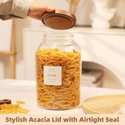 2 Pack Large Glass Flour and Sugar Storage Containers with Airtight Acacia Wood Lids and 132 Kitchen Pantey Labels Preprint - 1 Gallon Borosilicate Glass Canister Sets for Food,Pasta,Cookie,Rice - size: 1 Gallon-2 Pack