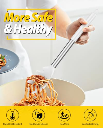 Silicone Pasta Fork and Ladle Spoon Set, Large Non Stick Kitchen Utensils for Cooking,Stirring,Serving Spaghetti, Soup, Sauce (WHITE) - color: White