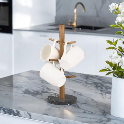 Buruis Mug Holder, Acacia Wood & Marble Base, 6 Hooks Kitchen Countertop Coffee Tea Cups Organizer - color: Round base Black