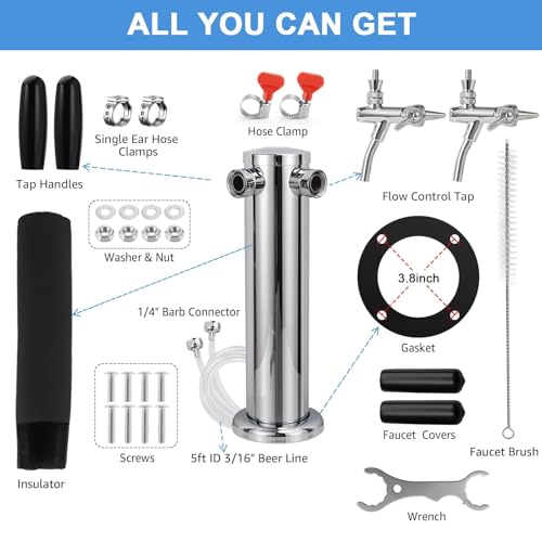 Adjustable Dual Tap Kegerator Tower Draft Beer Tower Pre-assembled Beer Keg Tap Tower Stainless Steel Beer Dispenser Tower Stainless Core Self-Closing Beer Faucet for Homebrew Kegerator Parts