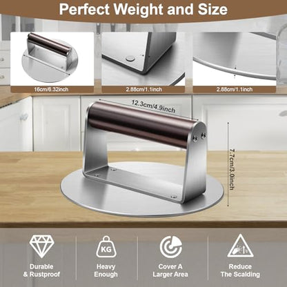 Stainless Steel Burger Press, 6.3" NonStick Hamburger Smasher Tool & Grill Press, 1.32lbs Grill Press with Wood Handle for Blackstone Camp Chef Pitboss Weber Griddle Grills(Round) - size: 6.3inch