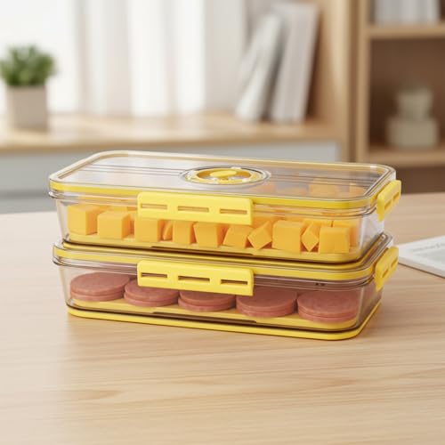 Cheese and Lunch Meat Container for Refrigerator with Drain Tray,Clear Deli Meat Storage Organizer, Airtight Bacon Keeper, Cold Cuts and Sandwich Meat Fridge Containers for Organizing-Yellow
