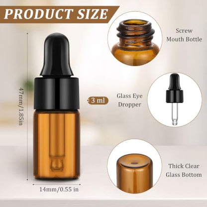 Nuogo 100 Pcs Mini Amber Glass Oil Dropper Bottle Bulk, Clear Essential Small Empty Sample Vial with Dropper and Black Caps Tiny Amber Glass Bottles Perfume Jars for Travel(3 ml) - size: 3 ml