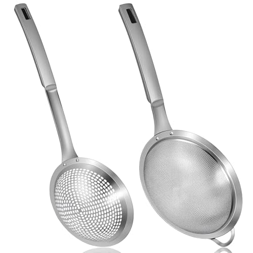 2 Pieces Spider Strainer Skimmer Spoon Set, Fine Mesh Stainless Steel Metal With HoleSieve Food Strainer Grease Spider Skimmer, Large Hole Slotted Colander Frying Spoons Set With Handle for Cooking