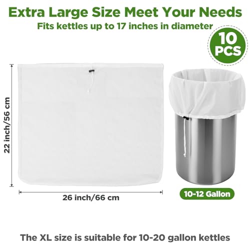 10 Pack Brew Bags, Extra Large26" x 22" Fine Mesh Strainer Bagfor Homebrewing, Reusable Drawstring Straining Brewer Cheese Cloth Bag, Fine Mesh Bag for Hops Grains Fruit Cider