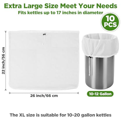 10 Pack Brew Bags, Extra Large26" x 22" Fine Mesh Strainer Bagfor Homebrewing, Reusable Drawstring Straining Brewer Cheese Cloth Bag, Fine Mesh Bag for Hops Grains Fruit Cider