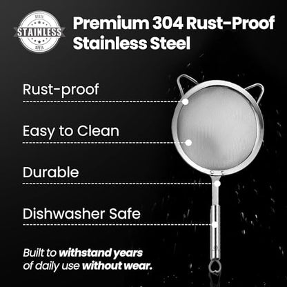 Stainless Steel Fine Mesh Strainer Set, Colander Set with 1 Large Flour Sifter (Sturdy Handle), 1 Small Mesh Sieve for Pasta & Rice, 1 Silicone Can Strainer – Durable, Dishwasher Safe, 5-Year Warranty