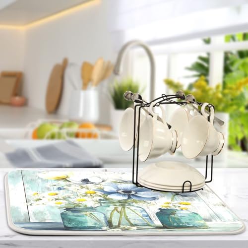 Rustic Daisy Flower Mason Jars Dish Drying Mat 16 x 18 Inch Kitchen Counter Mat Absorbent Dishes Rack Pad for Countertops Sinks Draining Mats - size: 18" x 16"