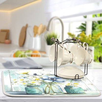 Rustic Daisy Flower Mason Jars Dish Drying Mat 18 x 24 Inch Kitchen Counter Mat Absorbent Dishes Rack Pad for Countertops Sinks Draining Mats - size: 24" x 18"