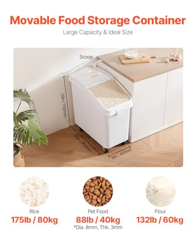 VEVOR 90.2L(27갤런) 식품 보관 용기, 500컵 재료 통, 스쿱 및 슬라이딩 뚜껑 포함, 상업용 식품 용기, 쌀 보관, 개 사료 용기, 밀가루 및 설탕 용기에 이상적, 화이트 - size: 27 Gallon