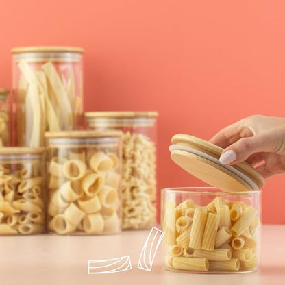 JoyJolt Borosilicate Glass Jars With Bamboo Lids. 6 Pc Set of Air Tight Sealable Containers. Food Jar Canisters with Airtight Lid for Pantry Storage and Kitchen Organization. - style: Bamboo Covers
