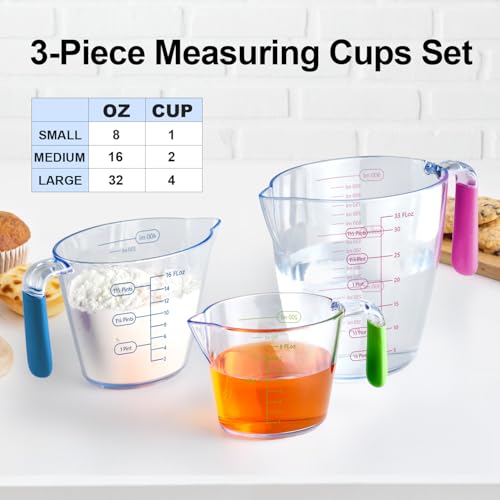 Liquid Measuring Cups with Spout 3 Pcs Stackable Plastic Liquid Measuring Cups with ML OZ Scale, BPA Free Clear Measuring Cup with Non-Drip Spout & Silicone Handle for Kitchen Cooking Baking