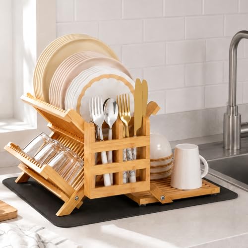Greenual Bamboo Dish Drying Rack with Utensil Holder, 3 Tier Collapsible Dish Rack, Wooden Dish Racks for Kitchen Counter, Large Folding Drying Holder with Absorbent Dish Drying Mat - color: Natural, size: 3-Tier+Dish Drying Mat