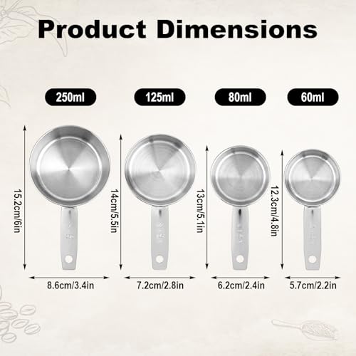 4pcs Measuring Cup Scoops, 4 Sizes Stainless Steel Cup Scoop Set with Scale Tasse a Mesurer for Kitchen Liquid & Dry Ingredients Coffee Cooking Baking Accessories Essentials Utensils Gadgets (Silver)