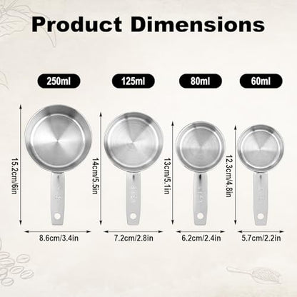 4pcs Measuring Cup Scoops, 4 Sizes Stainless Steel Cup Scoop Set with Scale Tasse a Mesurer for Kitchen Liquid & Dry Ingredients Coffee Cooking Baking Accessories Essentials Utensils Gadgets (Silver)