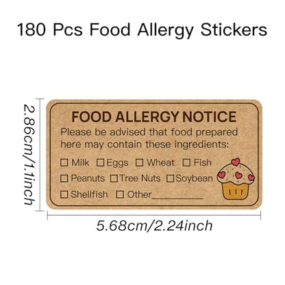 180 PCS Allergy Stickers for Cake,Kraft Paper Food Allergy Warning Labels,Ingredients Label Sticker for Bakery,Food Bag,Restaurant,Kitchen(1.1x2.2inch)