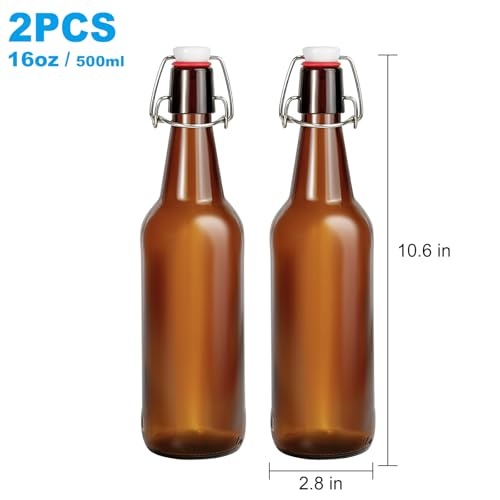 2 Pack Amber Glass Beer Bottles, 16oz Swing Top Glass Bottles with Airtight Lid for Home Brewing,Kombucha, Vanilla Extract, Coquito, Vinegar, Beer