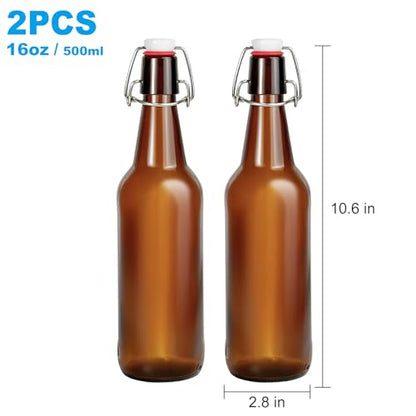2 Pack Amber Glass Beer Bottles, 16oz Swing Top Glass Bottles with Airtight Lid for Home Brewing,Kombucha, Vanilla Extract, Coquito, Vinegar, Beer