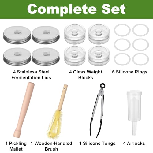 Fermentation Kit for Wide Mouth Mason fermentation Jars, 4 Stainless Steel Fermentation Lids, 4 Glass Fermentation Weights, 1 Silicone Tong, 1 Sauerkraut Pound, 1 Wooden Handle Brush Cleaner
