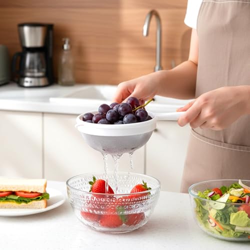 3 PCS Plastic Fine Mesh Strainer Set with Handle, Nylon Sieve Fine Food Mesh Colander with Double Ear for Baking Kitchen Yogurt Tea Juice Coffee Honey Milk Pasta