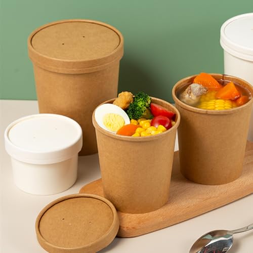 60 Pack 12 oz Kraft Paper Soup Containers with Lids, Disposable Ice Cream Cups, Microwave and Freezer Safe To Go Food Storage Bowls for Parties, Christmas, Takeout, Picnics
