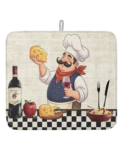 Dish Drying Mat for Kitchen Counter,Smiling Chef Cheese Wine Absorbent Microfiber Drainer Rack Pad Retro Kitchen Art Quick Dry Mat for Sinks Dishes Utensils 16x18in,1 Pack - size: 16x18inx1pcs