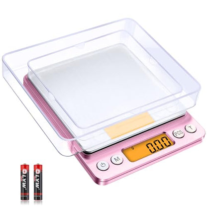 0.01g High Precision Kitchen Food Scale, Diyife 500g Portable Digital Scale with LCD Display, Tare, Multifunctional Gram Scale Weight for Cooking, Baking, Jewelry, 2 Tray, Batteries Included, Pink - color: Pink