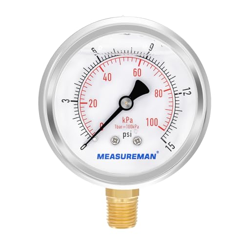 MEASUREMAN 2-1/2inch Dial Size, Glycerin Filled Pressure Gauge, 0-15psi/100kpa, 304 Stainless Steel Case, 1/4inch NPT Lower Mount - size: 0-15 psi, style: Lower Mount