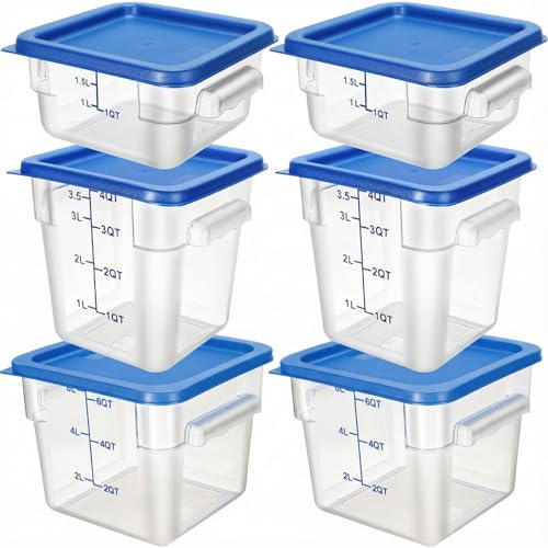Lallisa 6 Pcs Food Storage Containers with Lids, Clear Square Food Containers with Handles Polycarbonate Restaurant Container Commercial Cereal Storage Set for Kitchen, 2, 4 and 6 Qt(Blue) - color: Blue