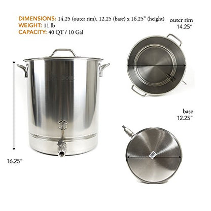 GasOne 10 Gallon Stainless Steel Home Brew Kettle Pot Pre Drilled 4 PC Set 40 Quart Tri Ply Bottom for Beer Brewing Includes Stainless Steel Lid, Thermometer, Ball Valve Spigot - Home Brewing Supplies - size: 40 QT/10 GALLON