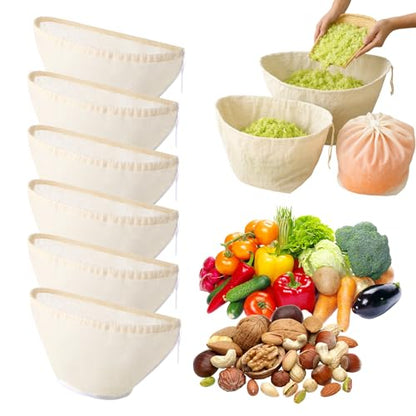 Mindsoft 6 Pcs Cheese Cloth Filling Squeeze Cotton Bags, Bowl-shaped Reusable Cotton Nut Milk Bag for Straining, Reusable Straining Bags for Juice, Soy Milk, Dumpling Fillings, Vegetable(Small) - size: Small