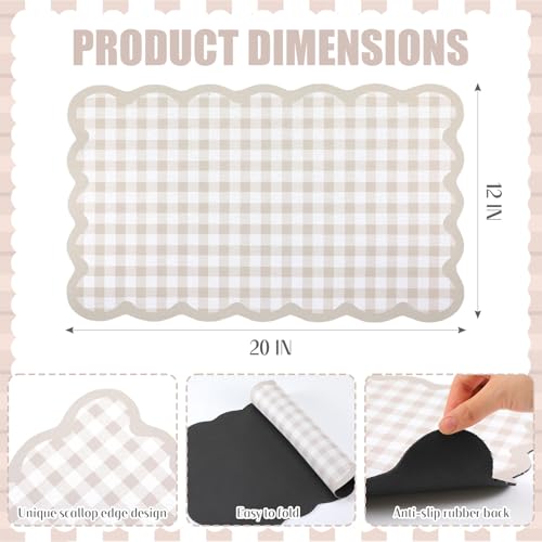 Scalloped Gingham Coffee Mat 12" x 20" Absorbent Coffee Bar Mat Gingham Espresso Matt for Counter(Brown) - color: Brown