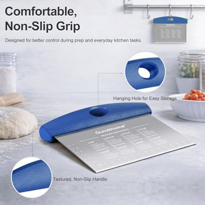 Ourokhome 2 Pack Bench Scraper Dough Cutter, Stainless Steel Dough Scraper with Laser-Etched Scale, Conversion Chart, Non-Slip Handle, Dishwasher Safe for Bread & Pastry, Blue - color: Blue