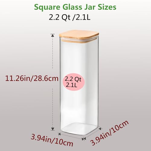2.2 Qt Square Glass Storage Containers with Lids, Clear Food Storage Container Jar with Sealing Bamboo Lid Storage Containers for Pasta, Oats, Coffee, Flour, Sugar (Square -3Pack) - size: Square 2.2 Qt -3Pack