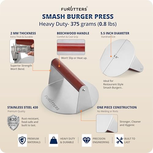 FUNUTTERS 5.5'' Smash Burger Press Patty Maker, Hamburger Smasher Tool, Heavy-Duty Stainless Steel, BBQ Grill and Flattop Griddle Accessory - Commercial Grade - size: 5.5'' with Beechwood Handle